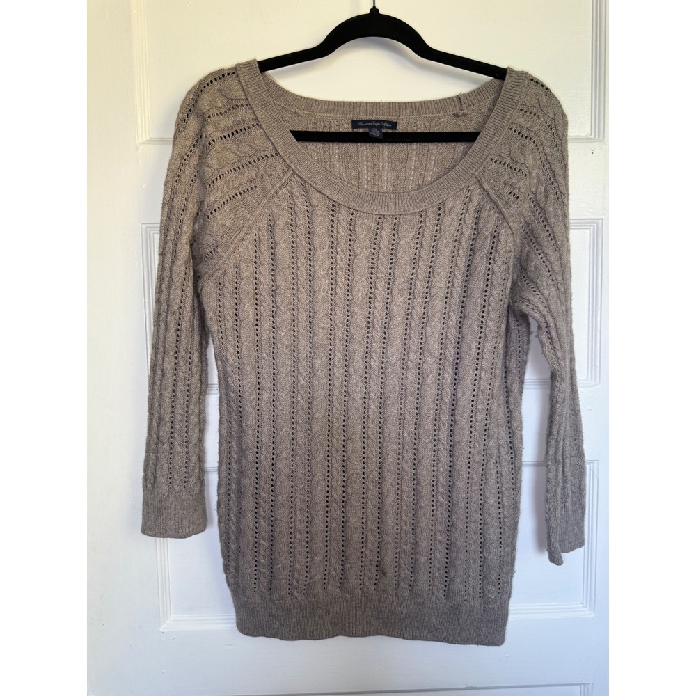 American Eagle Outfitters Taupe Cable Knit Pointelle Scoop Neck Sweater M